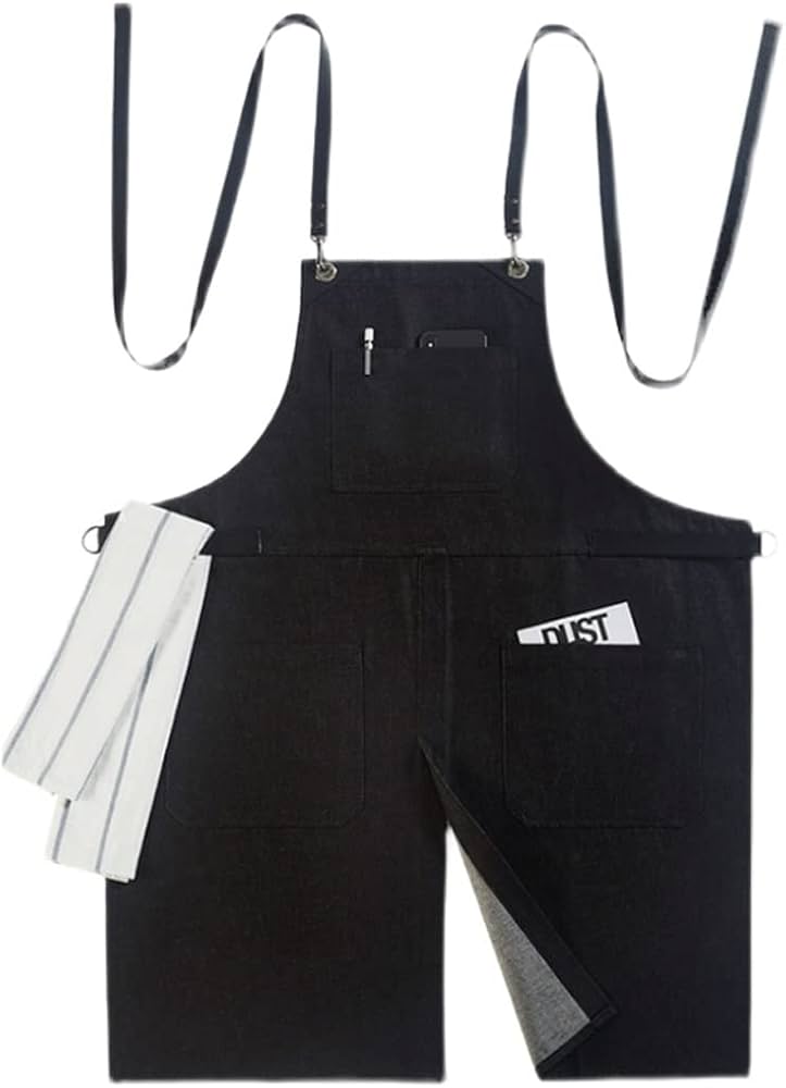ポケット付きエプロン、黒デニム作業エプロンBarista Strapskirt花卉園芸レストラン美容師作業服快適(黒、L)